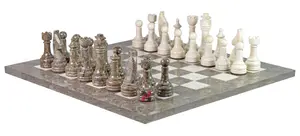 Botticino & Oceanic Marble Natural Stone Chess Set With Rustic Series Chess Pieces 