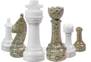 Handcrafted Fossil Coral and White Marble Chess Pieces Set – Luxury Stone Chess Pieces for Collectors