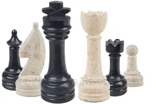 Jet Black and Botticino Marble Chess Pieces Set | Handmade Luxury Stone Chess Pieces