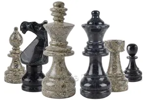 Handcrafted Oceanic & Jet Black Marble Euro Style Staunton Chess Pieces Set – Premium Luxury Stone Chessmen for Collectors