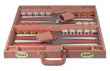 Luxury Pink Crocodile-Textured Faux Leather Attache Backgammon Set with Inlaid Playing Points and Dice Cups