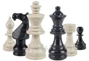 Handcrafted Jet Black & Botticino Marble Chess Set | Luxury Heavyweight Stone Chess Pieces with Polished Finish | Collectible Decorative Chessmen