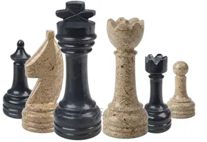 Handmade Jet Black and Tervera Fossil Stone Marble Chess Pieces Set – 32 Hand-Carved Natural Stone Chessmen with Felt Bottoms