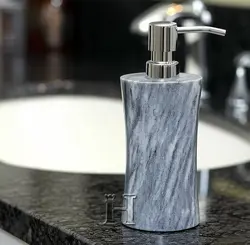 Sunny Grey Marble Natural Stone Soap Dispenser for Bathroom & Kitchen – Handmade Luxury Refillable Lotion Pump Bottle – Modern Gray Marble Vanity Accessory – Eco-Friendly Home Décor
