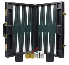Faux Leather Attache Backgammon Set – Jet Black Case with Inlaid Playing Points & Metallic Edge Checkers