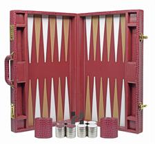 Luxury Burgundy Faux Leather Attache Backgammon Set | Inlaid Playing Point | Metallic Checkers & Dice Cups