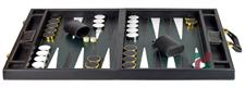 Faux Leather Attache Backgammon Set – Jet Black Case with Inlaid Playing Points & Metallic Edge Checkers