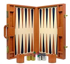 Tan Crocodile Textured Faux Leather Backgammon Attache Set with Gold & Silver Plated Metallic Edge Checkers and 2 Dice Cups