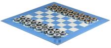 Luxury Sky Blue Leather Chess Set with Zig-Zag Stitching – Marble Checkers with Metallic Edges & Leather Storage Tube