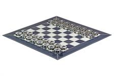 Dark Blue Cow Nappa Leather Roll Up Chess Set with Marble Metallic Edge Checkers & Leather Storage Tube – Travel Chess Game USA