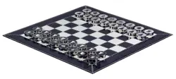 Luxury Dark Blue Croco Leather Roll Up Chess Set with Marble Checkers and Leather Storage Tube
