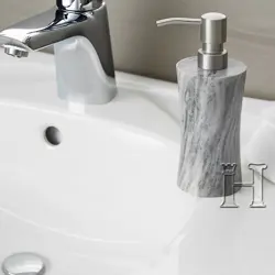 Sunny Grey Marble Natural Stone Soap Dispenser for Bathroom & Kitchen – Handmade Luxury Refillable Lotion Pump Bottle – Modern Gray Marble Vanity Accessory – Eco-Friendly Home Décor