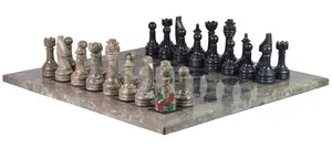 Oceanic  & Jet Black Marble Natural Stone Chess Set With Rustic Series Chess Pieces 