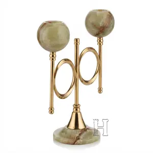 Natural Green Onyx Stone Dual Branch Cygnus Candle Holder with Gold Brass Accents – Luxury 2-Light Decorative Candelabra