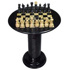 Jet Black & Coral Marble Natural Stone Chess Table With Classic Series Chess Pieces 