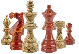 Exquisite Artisan Carved Red Onyx and Coral Marble Staunton Chessmen Set – Premium Heavyweight Stone Chess Pieces Set