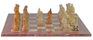 Handcrafted Red Onyx & Coral Marble Natural Stone Chess Set – Luxury Chess Board with Elegant Hand-Carved Rustic SeriesChess Pieces – Unique Decorative Chess Set for Collectors & Players