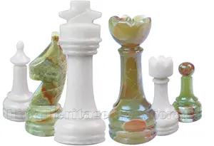 Green Onyx and White Marble Chess Pieces Set – Handmade Stone Chess Pieces – Luxury Home Decor & Strategy Game