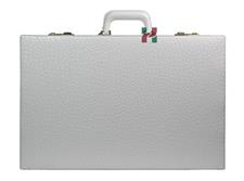 Luxury White Faux Leather Attache Backgammon Set with Dice Cups, 15 Silver & 15 Gold Plated Edge Checkers