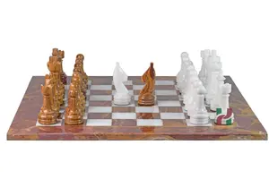 Luxurious Red Onyx & White Marble Chess Set with PU Leather Storage Box – Handmade, Elegant, and Durable
