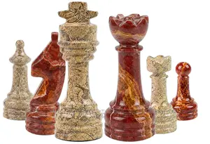 Premium Red Onyx and Coral Marble Chess Set – Hand-Carved Stone Chess Piece Set – Unique Home Decor Gift