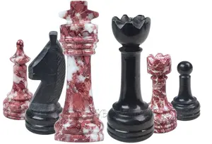 Rustic Series Strawberry and Jet Black Solid Marble Chess Pieces Set - Handcrafted Luxury Stone Chess Game