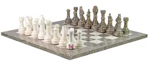 Botticino & Oceanic Marble Natural Stone Chess Set With Rustic Series Chess Pieces 