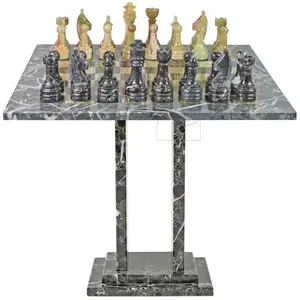 Luxury Black Zebra Marble and Green Onyx Chess Table – Handcrafted Natural Stone Game Table with Inlaid Chessboard for Home Décor and Gift