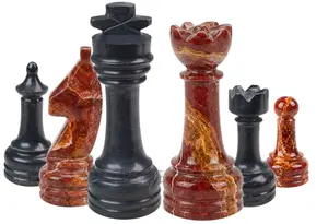 Handcrafted Jet Black and Deep Red Onyx Marble Chess Set – Premium Stone Chess Pieces with Polished Finish