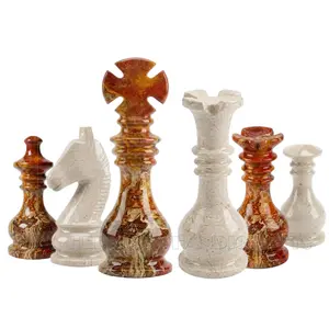 Monarch Gambit Luxury Chess Pieces Set | Handcrafted Red Onyx & Botticino Marble | Heirloom Quality Weighted Chessmen
