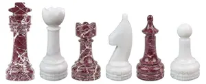 Premium Red Zebra Stone and White Marble Chess Set, Professional Tournament Size Luxury Chess Board