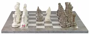 Botticino & Oceanic Marble Natural Stone Chess Set With Rustic Series Chess Pieces 