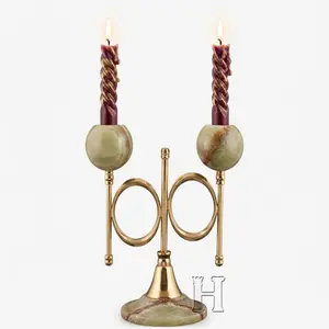 Natural Green Onyx Stone Dual Branch Cygnus Candle Holder with Gold Brass Accents – Luxury 2-Light Decorative Candelabra
