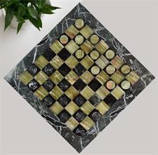 Elegant Black Zebra & Green Onyx Marble Checkers Set – Handcrafted Luxury Board Game