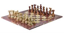 Luxurious Red Onyx & Coral Marble European Style Chess Set with Faux Leather Storage Box – Handcrafted Stone Chess Pieces