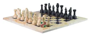 Luxury Burma Teak & Jet Black Marble Rustic Chess Set with Faux Leather Storage Box – Handmade Wooden & Stone Chessboard for Collectors and Gifting