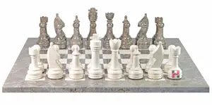 Botticino & Oceanic Marble Natural Stone Chess Set With Rustic Series Chess Pieces 