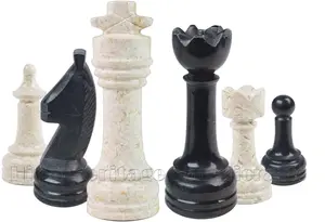 Jet Black and Botticino Marble Chess Pieces Set | Handmade Luxury Stone Chess Pieces