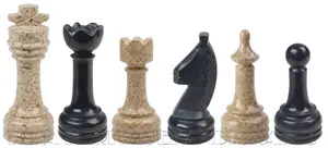 Handmade Jet Black and Tervera Fossil Stone Marble Chess Pieces Set – 32 Hand-Carved Natural Stone Chessmen with Felt Bottoms