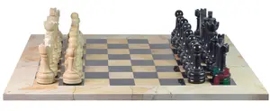 Luxury Burma Teak & Jet Black Marble Rustic Chess Set with Faux Leather Storage Box – Handmade Wooden & Stone Chessboard for Collectors and Gifting