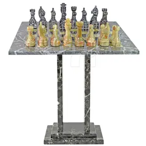 Luxury Black Zebra Marble and Green Onyx Chess Table – Handcrafted Natural Stone Game Table with Inlaid Chessboard for Home Décor and Gift