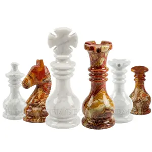 Premium Monarch Gambit Chess Pieces | Hand-Carved Red Onyx and White Marble Luxury Set for Collectors