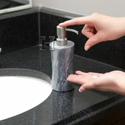Sunny Grey Marble Natural Stone Soap Dispenser for Bathroom & Kitchen – Handmade Luxury Refillable Lotion Pump Bottle – Modern Gray Marble Vanity Accessory – Eco-Friendly Home Décor