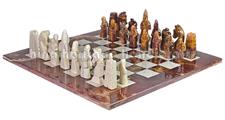 Royal Bishop Series Red Onyx & Botticino Marble Chess Set with Faux Leather Storage Box – Luxury Handmade Stone Chessboard