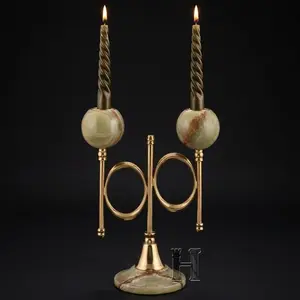 Natural Green Onyx Stone Dual Branch Cygnus Candle Holder with Gold Brass Accents – Luxury 2-Light Decorative Candelabra