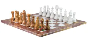 Luxurious Red Onyx & White Marble Chess Set with PU Leather Storage Box – Handmade, Elegant, and Durable
