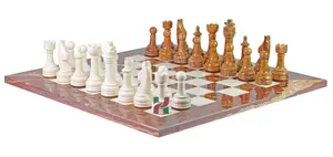 Handcrafted Luxury Red Onyx and Botticino Marble Chess Set - Premium 16-inch Decorative Stone Chess Board for Home Decor