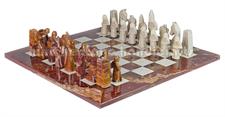 Royal Bishop Series Red Onyx & Botticino Marble Chess Set with Faux Leather Storage Box – Luxury Handmade Stone Chessboard