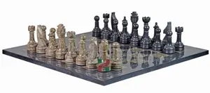 Luxury Marble Chess Set, Handcrafted Natural Stone Chess Board with Rustic Series Pieces, Jet Black & Oceanic Decor