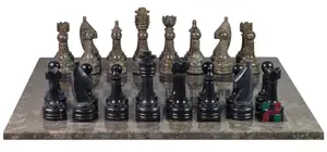 Oceanic  & Jet Black Marble Natural Stone Chess Set With Rustic Series Chess Pieces 